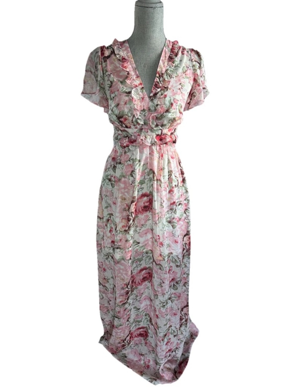 Aakaa Pink Floral Ruffle Maxi Dress